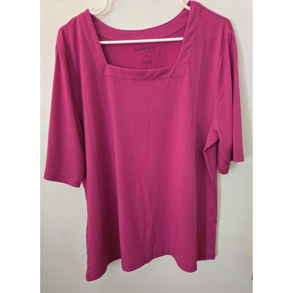 NorthStyle Pink Solid Knit Polyester Spandex Top 3/4 Sleeve Square Neck XL